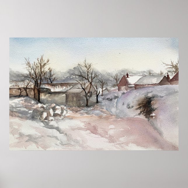 Winter Village Landscape Watercolor Print Poster (Front)
