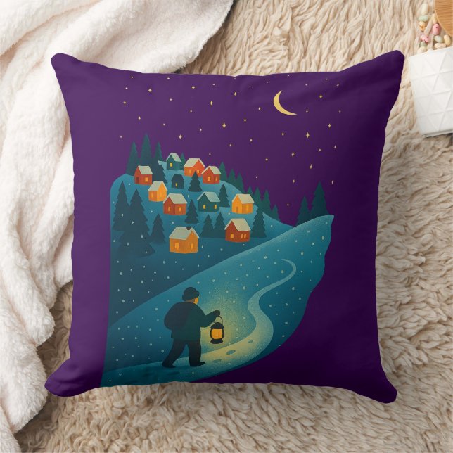 Winter Village Lantern Walk Night Scene Throw Pill Cushion (Blanket)