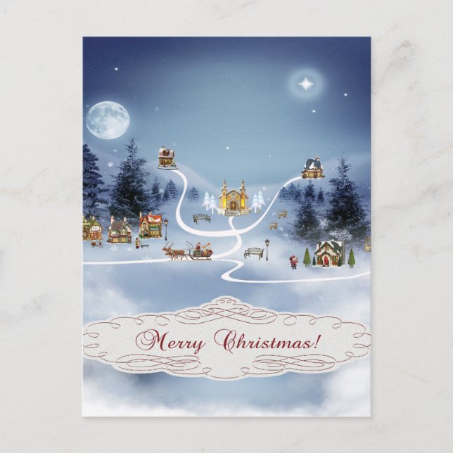Winter Village, Merry Christmas Holiday Postcard (Front)