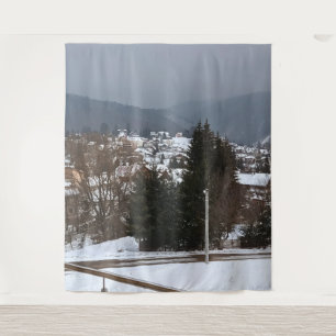 Winter Village Panorama - Rural Landscape Romania Tapestry