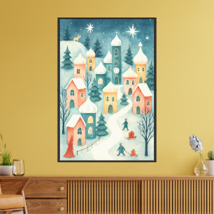 Winter Village – Pastel Snow Scene with Gifts Wall Canvas Print