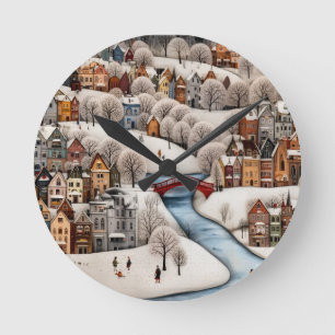 Winter Village Scene Cosy Snowy Town Round Clock
