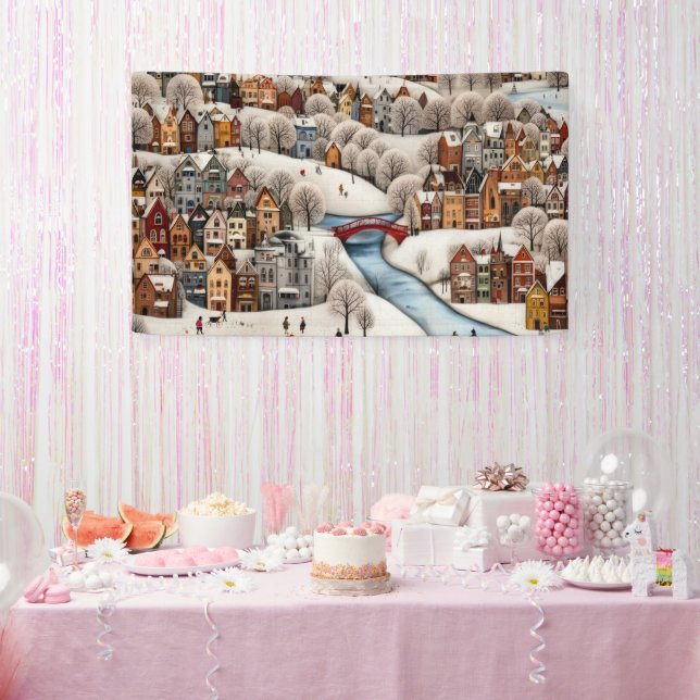 Winter Village Scene Cozy Snowy Town  Banner (Party)