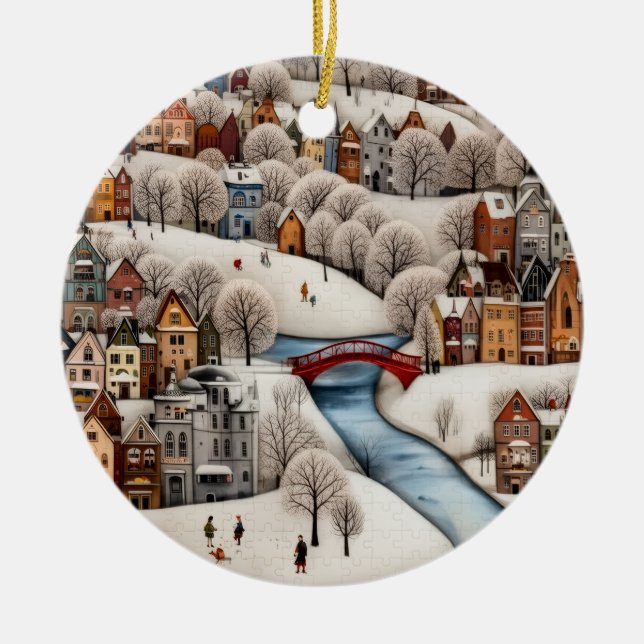 Winter Village Scene Cozy Snowy Town  Ceramic Tree Decoration (Front)