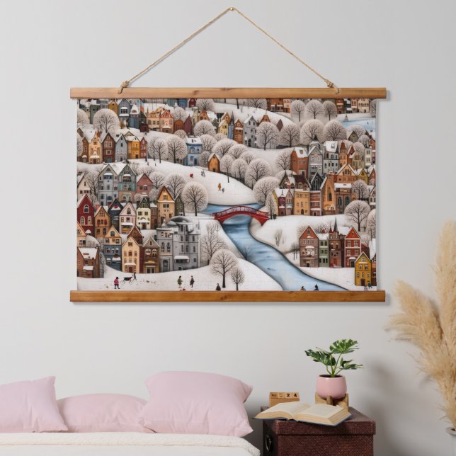 Winter Village Scene Cozy Snowy Town  Hanging Tapestry (Bedroom)