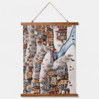 Winter Village Scene Cozy Snowy Town  Hanging Tapestry