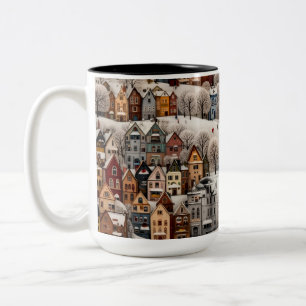Winter Village Scene Cozy Snowy Town  Two-Tone Coffee Mug