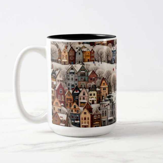 Winter Village Scene Cozy Snowy Town  Two-Tone Coffee Mug (Left)