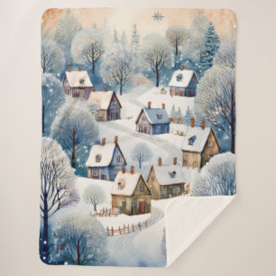 Winter Village Scene Design Sherpa Blanket
