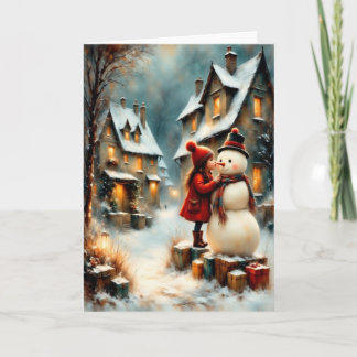 Winter village scene with girl and snowman card
