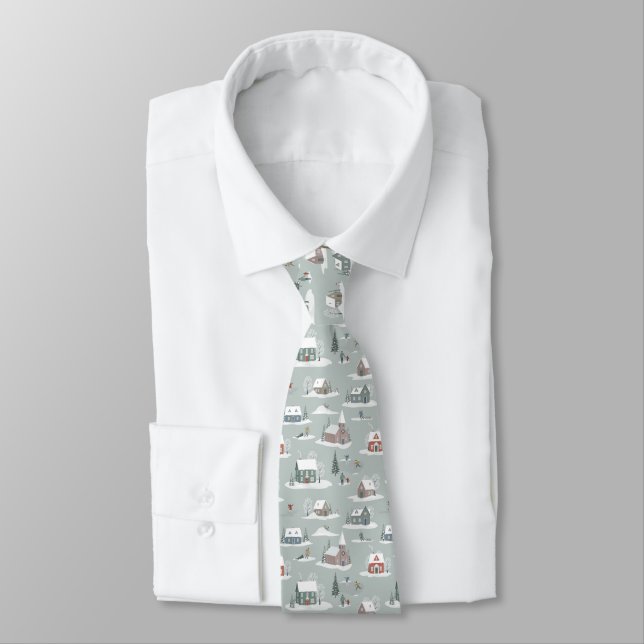 Winter Village Snow Scene Pattern Tie (Tied)