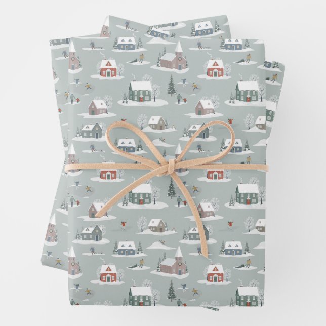 Winter Village Snow Scene Pattern Wrapping Paper Sheet (In situ)