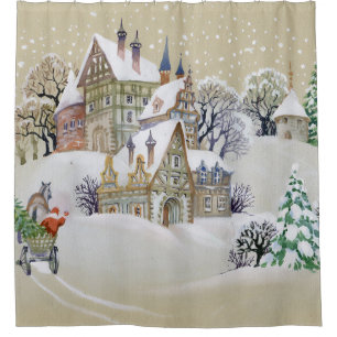 Winter Village: Snowy, Illustrated Landscape. Shower Curtain