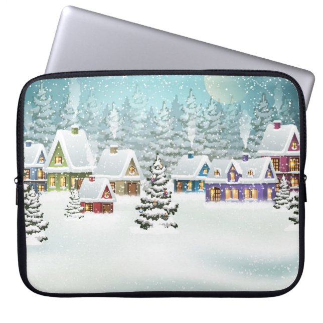 Winter village: snowy landscape scene laptop sleeve (Front)