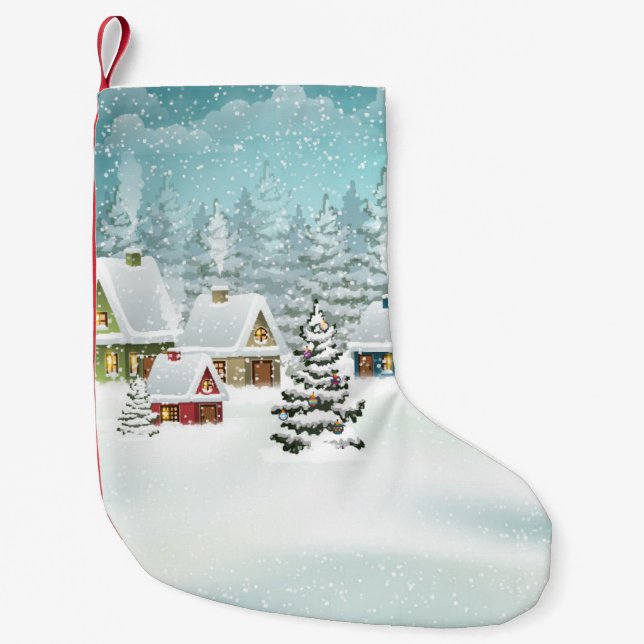 Winter village: snowy landscape scene small christmas stocking (Front)