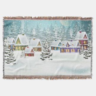 Winter village: snowy landscape scene throw blanket