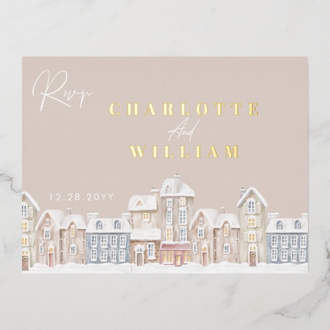 Winter Village Town Christmas Holiday RSVP Foil Invitation Postcard (Front)