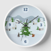 Winter village with snow, bunny, squirrel and pine