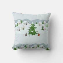 Winter village with snow, bunny, squirrel and pine