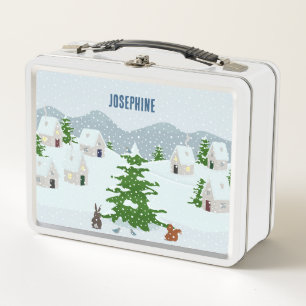 Winter village with snow, bunny, squirrel and pine metal lunch box