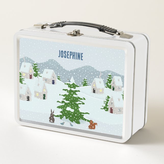 Winter village with snow, bunny, squirrel and pine metal lunch box (Front)