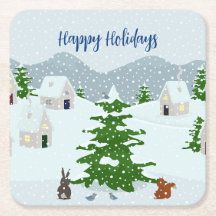 Winter village with snow, bunny, squirrel and pine