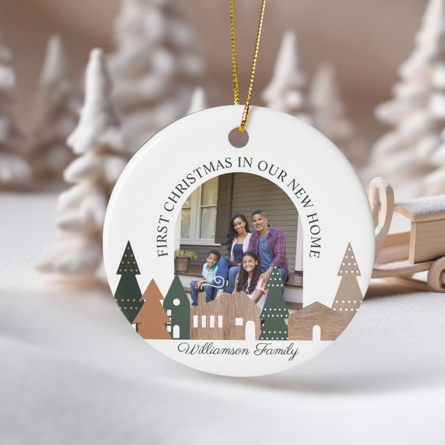Winter Village Woodgrain First Christmas Photo Ceramic Tree Decoration (Winter Village Woodgrain First Christmas Photo Ceramic Ornament)