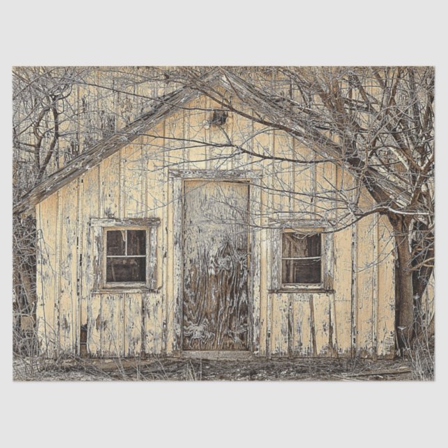 Winter Vintage Barn and Trees Decoupage Tissue Paper (Front)