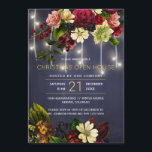 Winter vintage floral red navy Holiday Open House Invitation<br><div class="desc">Elegant winter rustic vintage flowers Christmas holiday open house invitation template featuring red burgundy, pink blush, and ivory cream peony roses borders with green foliage and leaves over a dark midnight navy blue chalkboard background with strings of twinkle lights. Personalise it with your details! The invitation is suitable for winter...</div>