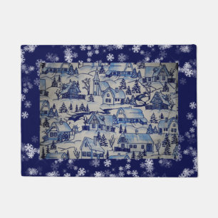 Winter Vintage Snow Village Blue White Snowflakes Doormat