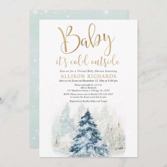 Winter virtual shower baby it's cold outside gold invitation (Front/Back)