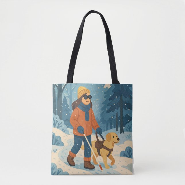Winter Walk with Guide Dog Illustration Tote Bag (Front)