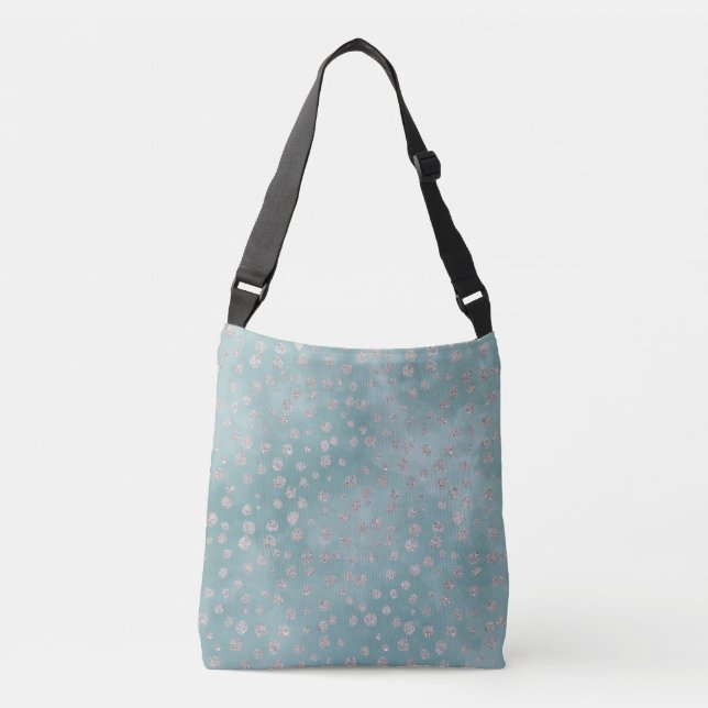 Winter Watercolor Aqua & Silver Glitter Polka Dots Crossbody Bag (Front)