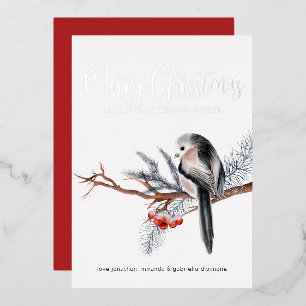 Winter Watercolor Bird Silver  Foil Holiday Card