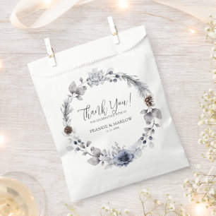 Winter Watercolor Blue Floral Pine Cone Thank You Favour Bags