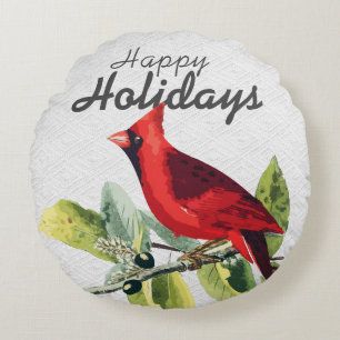 Winter Watercolor Cardinal Happy Holidays Round Cushion