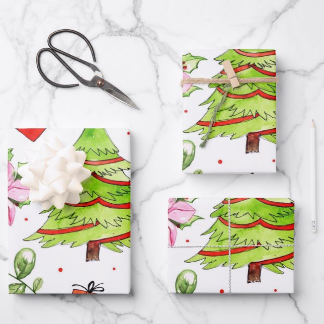 Winter Watercolor Christmas Tree Wrapping Paper Sheet (Front)