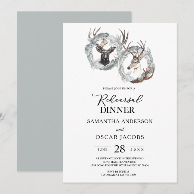 Winter Watercolor Deer Wreath Silver Invitation (Front/Back)
