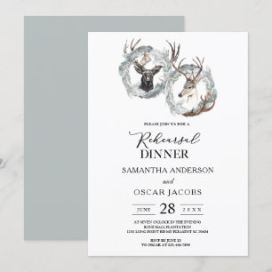 Winter Watercolor Deer Wreath Silver Invitation