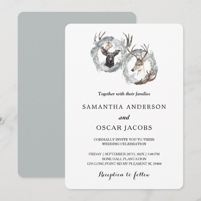 Winter Watercolor Deer Wreath Silver Invitation (Front/Back)