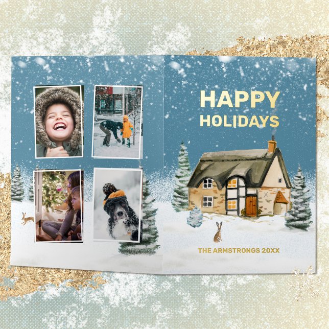Winter Watercolor Farmhouse Family Photo Foil Holiday Card (Winter Watercolor Farmhouse Family Photo Foil Holiday Card ©Susanne Sachers - Sunny Mind 🌞)