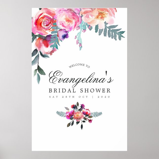 Winter Watercolor Floral Bridal Shower Welcome Poster (Front)