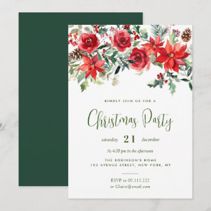 Winter watercolor floral christmas party invitation