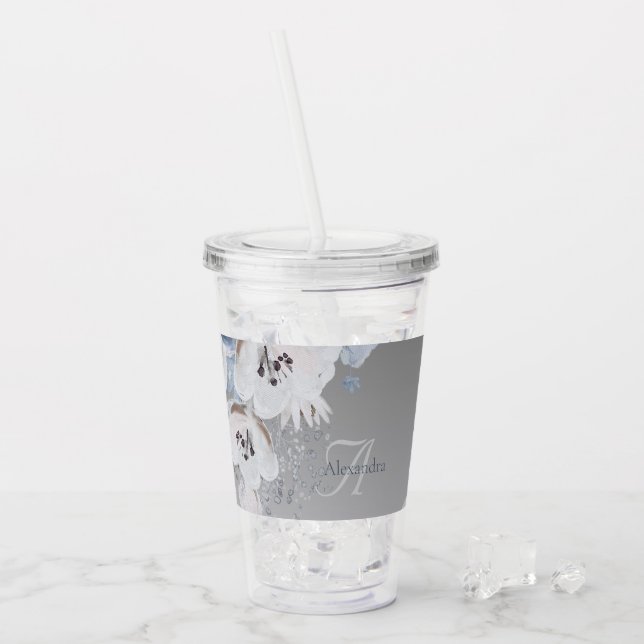 Winter Watercolor Floral Monogram Personalised Acrylic Tumbler (Front Ice)