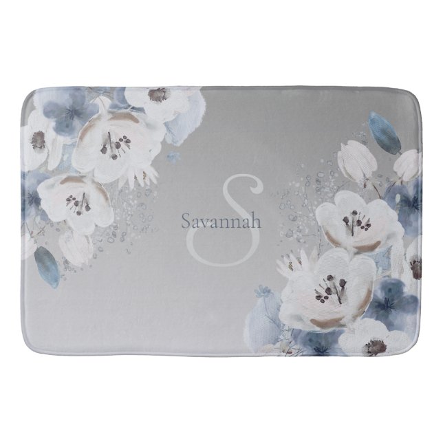 Winter Watercolor Floral Monogram Personalised Bath Mat (Front)
