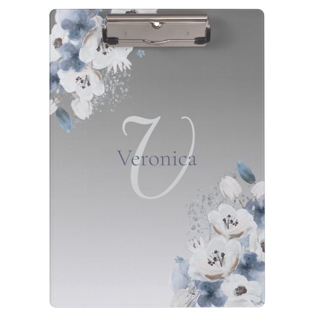 Winter Watercolor Floral Monogram Personalised Clipboard (Front)