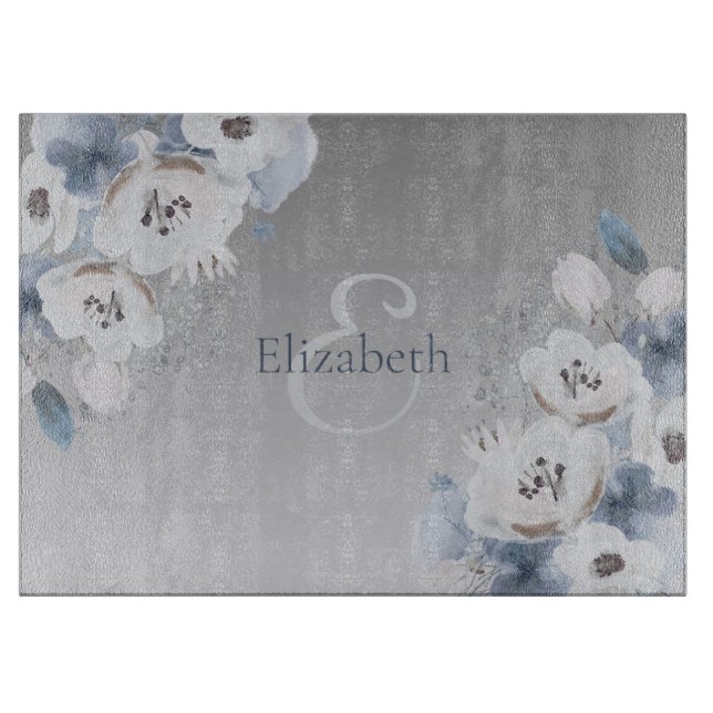 Winter Watercolor Floral Monogram Personalised Cutting Board (Front)