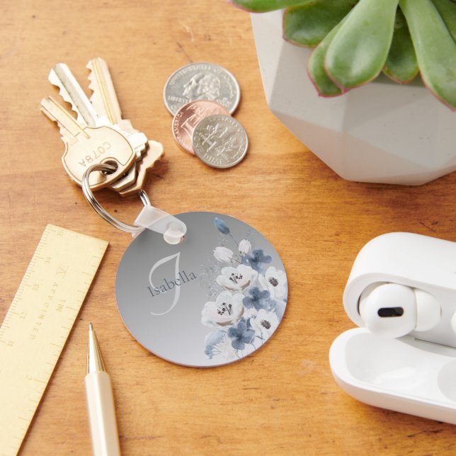 Winter Watercolor Floral Monogram Personalised Key Ring (Desk)