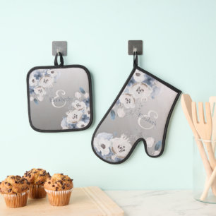 Winter Watercolor Floral Monogram Personalised Oven Mitt & Pot Holder Set