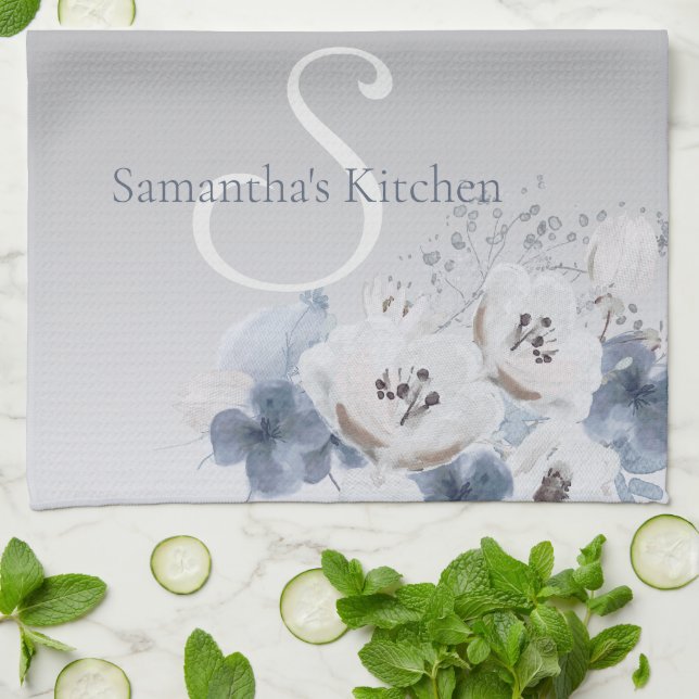 Winter Watercolor Floral Monogram Personalised Tea Towel (Folded)